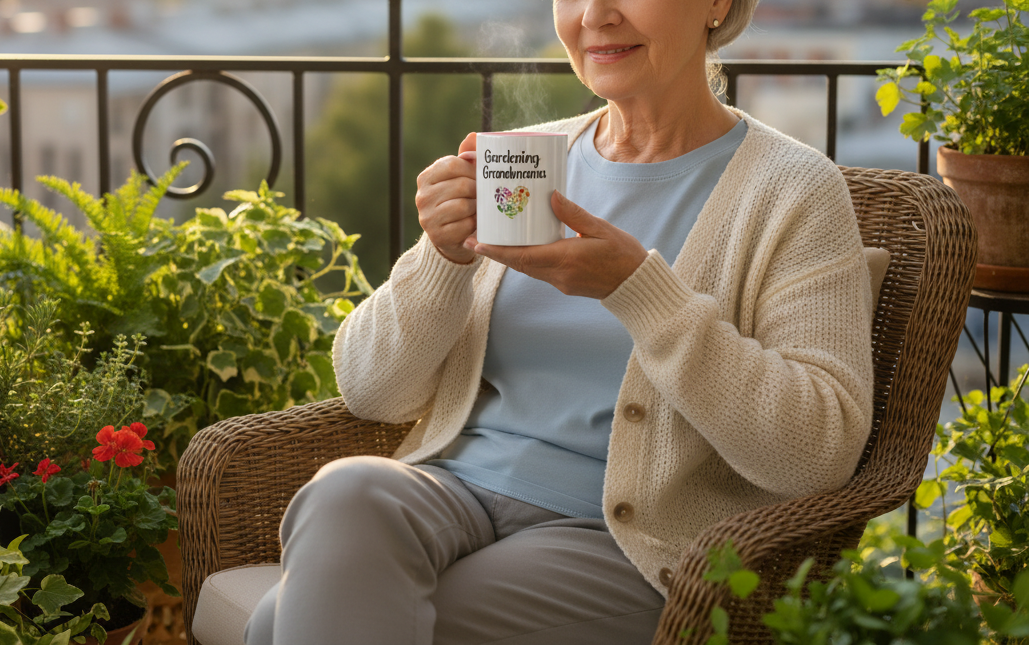 Woman sitting on a balcony holding a mug with plants around her