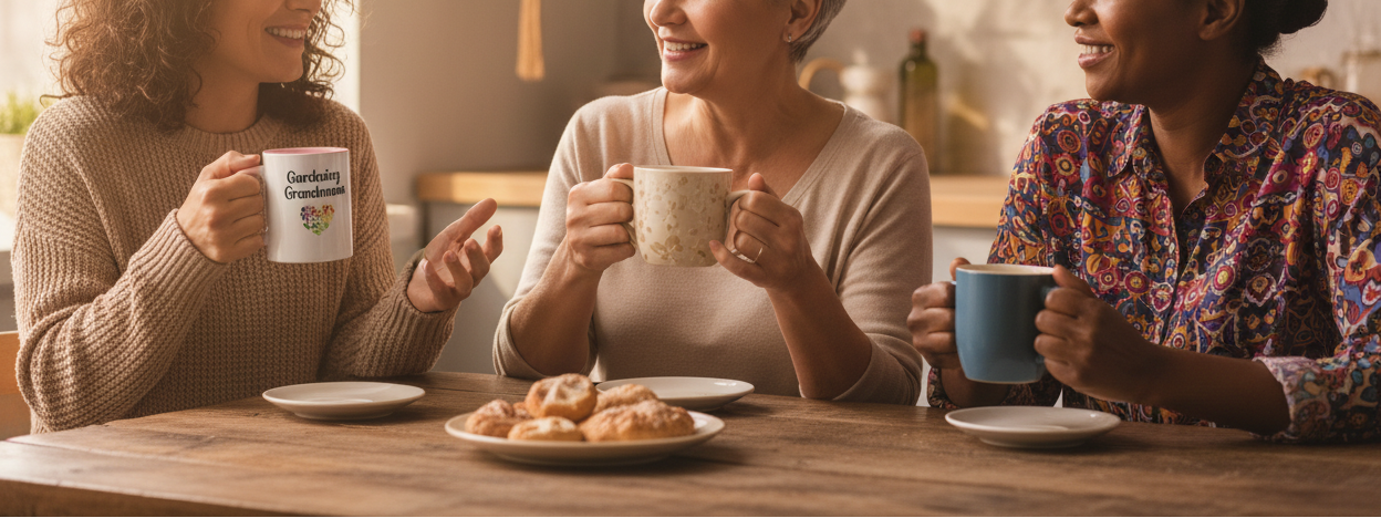 Three women sitting at a table with coffee cups and pastries, smiling and enjoying each other's company.
