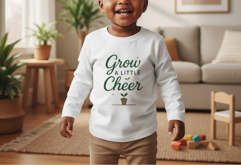 Child wearing a white shirt with 'Grow a Little Cheer' text in a living room.
