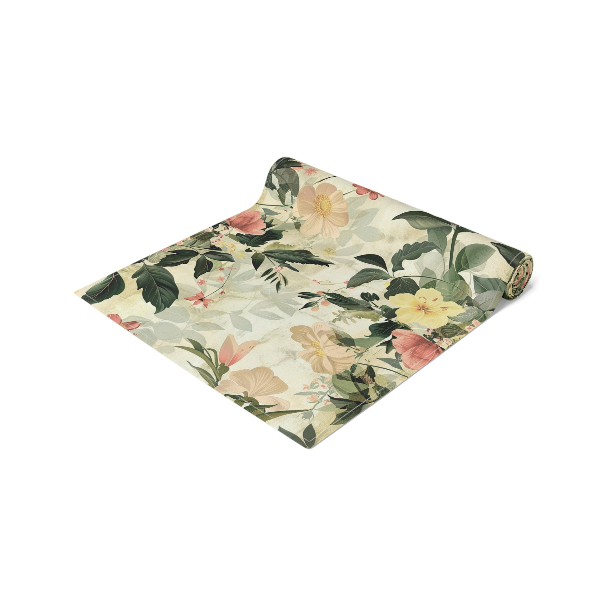 Roll of floral-patterned paper on a white background