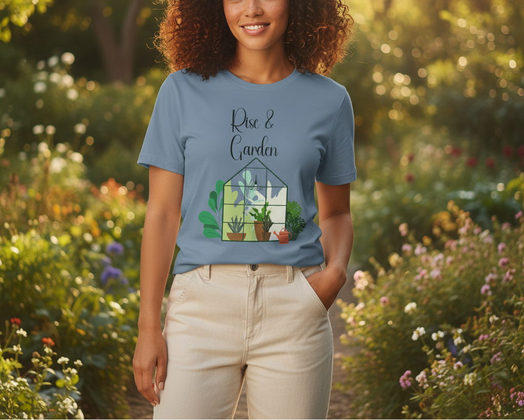 Person wearing a blue t-shirt with a garden-themed design in a garden setting