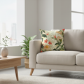 Beige sofa with a floral pillow in a bright living room