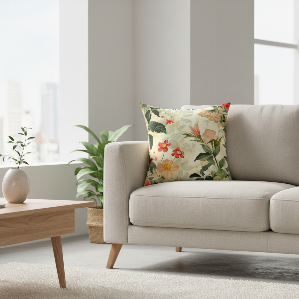 Beige sofa with a floral pillow in a bright living room