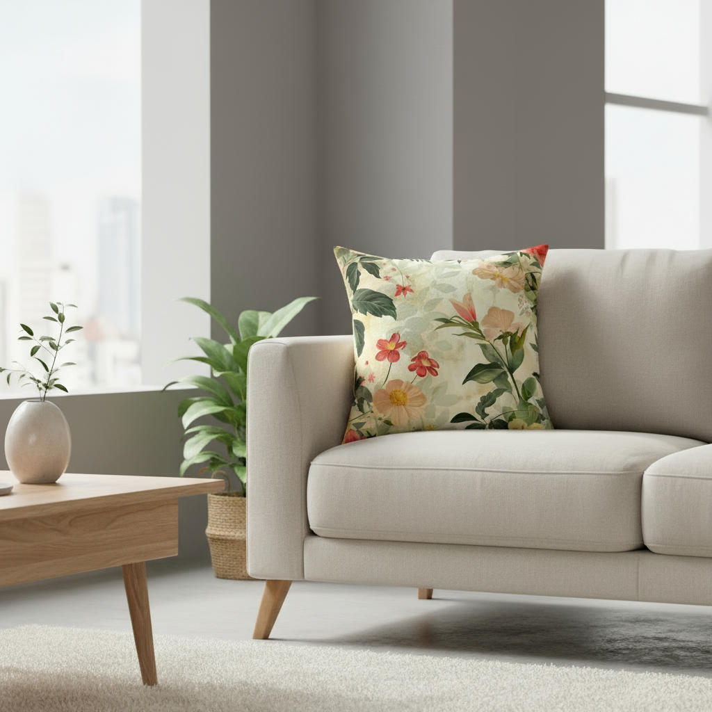 Beige sofa with floral pillow in a modern living room