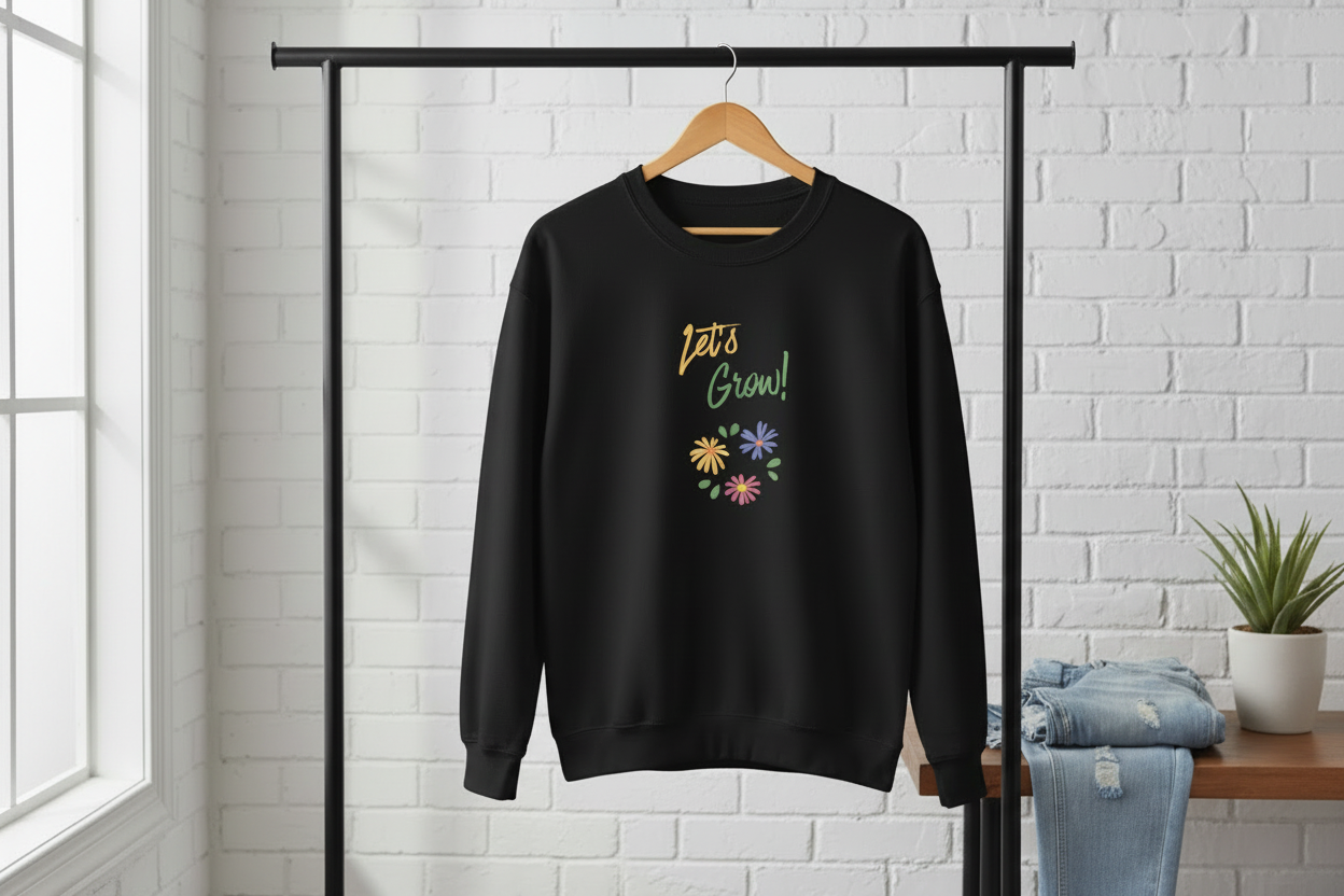 Black sweatshirt with 'Let's Grow!' text and floral designs on a hanger against a white brick wall.