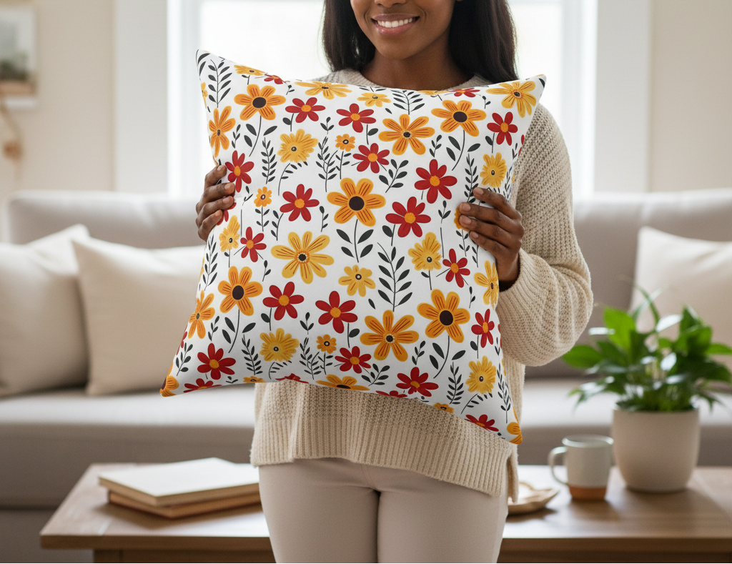 Decorative pillow with a floral pattern on a white background
