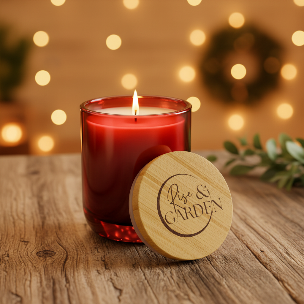 Red candle with wooden lid on a wooden surface, blurred lights in the background