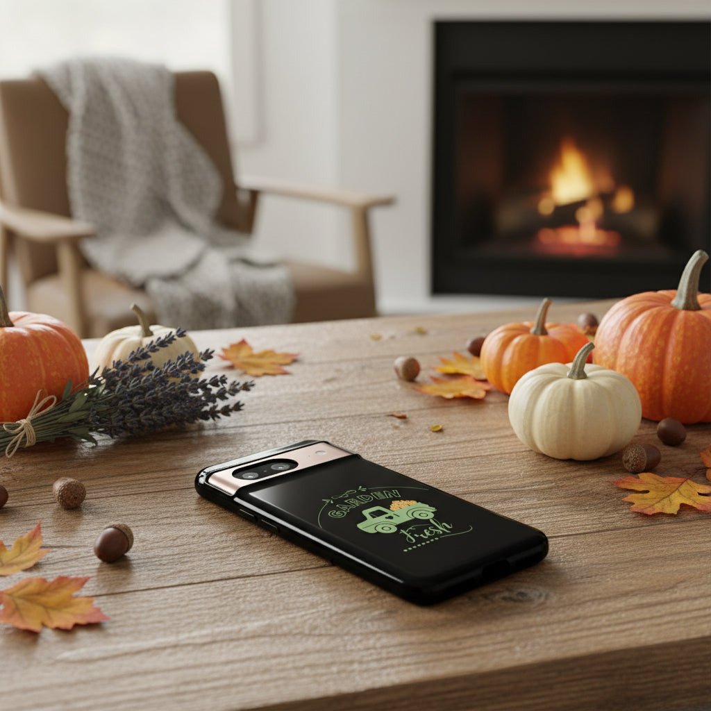 Phone case with a truck and 'Garden Fresh' text on a black background