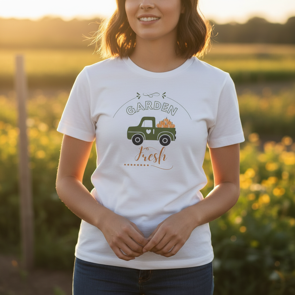 Person wearing a white t-shirt with a graphic design of a truck and pumpkins, standing in a field.