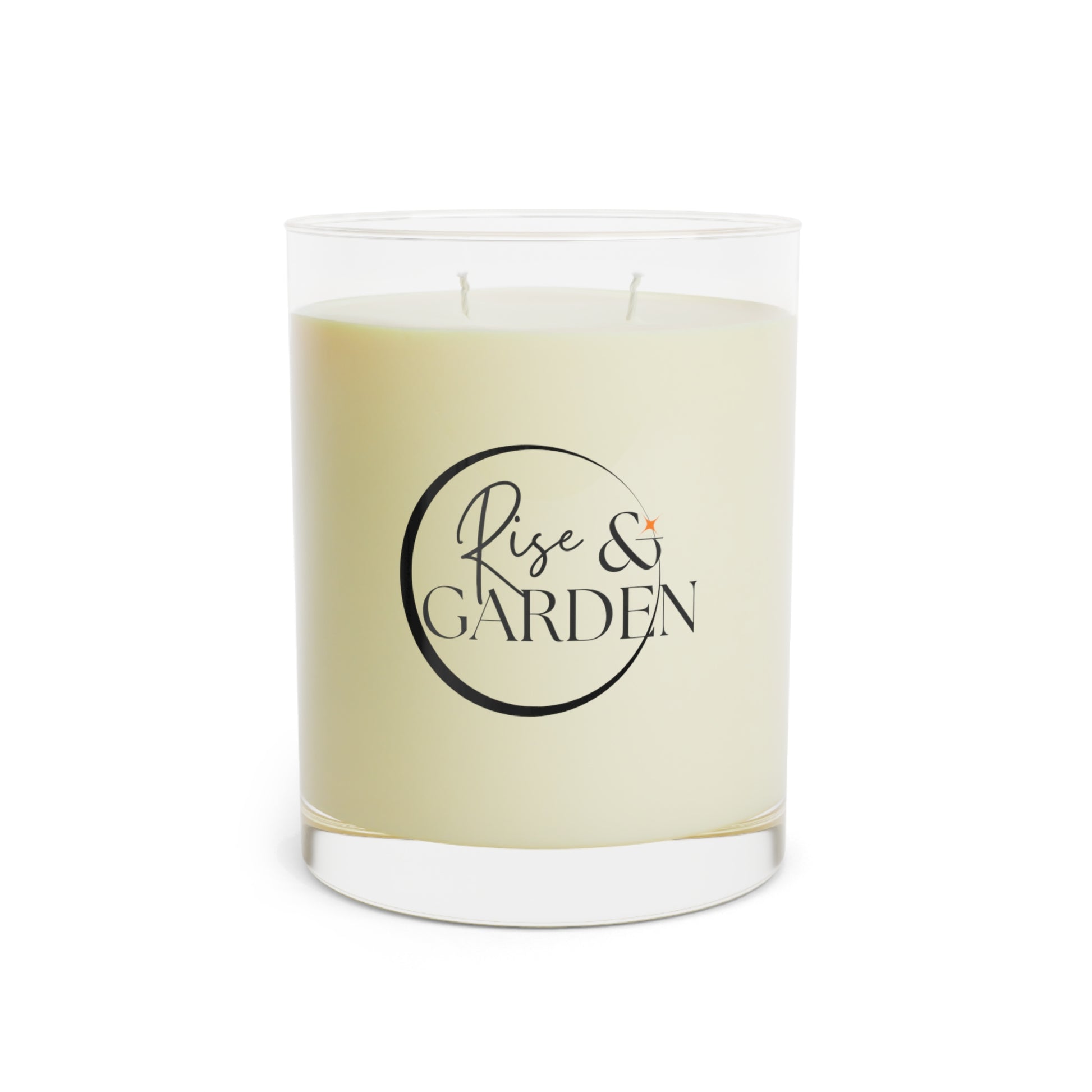 Candle with 'Rise & Garden' label on a white background