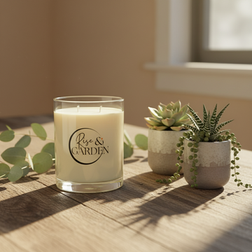 Candle with 'Rise & Garden' logo on a wooden surface with plants