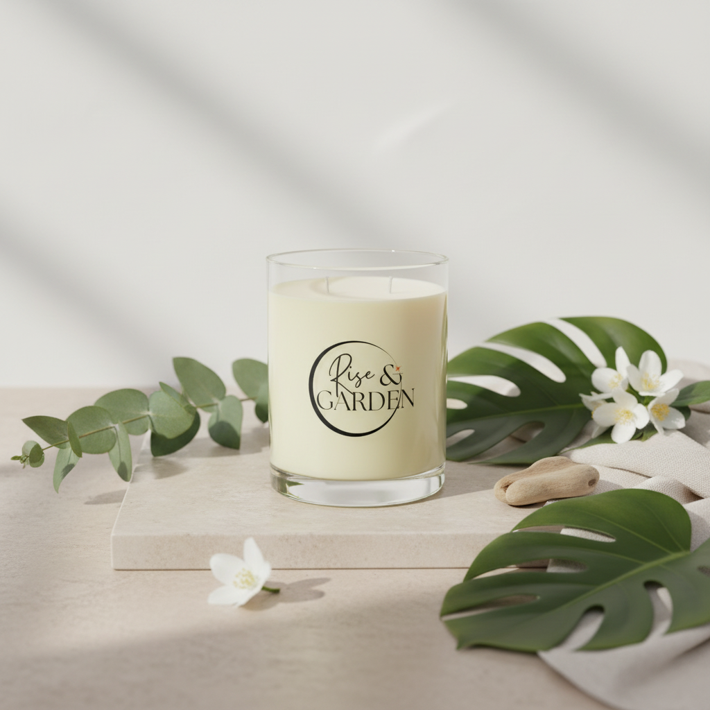 Candle with 'Rise & Garden' label on a light surface with greenery