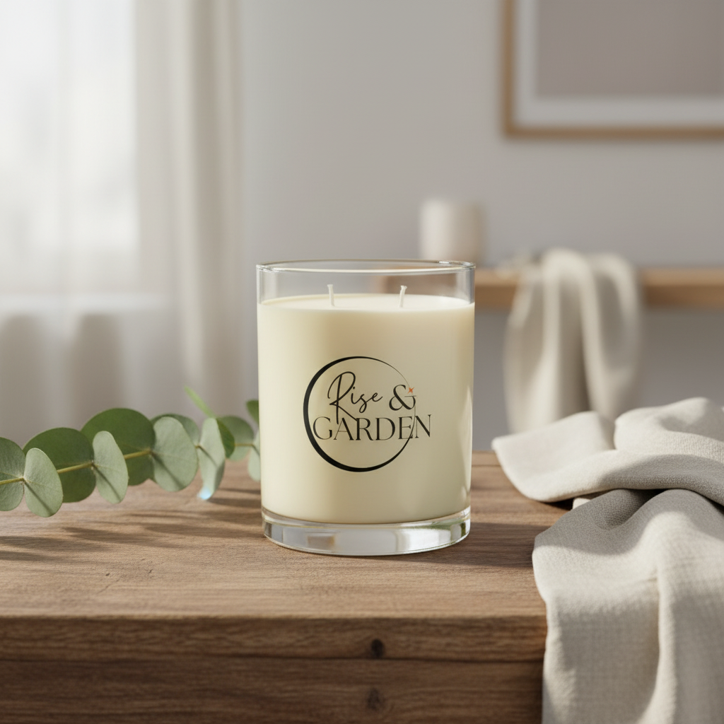 Candle with 'Rise & Garden' text on a wooden surface with a neutral background