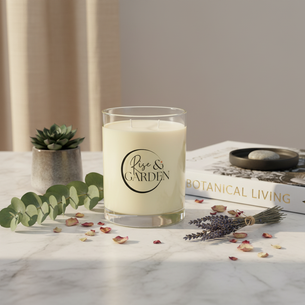 Candle with 'Rise & Garden' logo on a marble surface with decorative elements