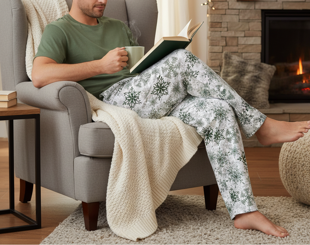 Man in pajama pants reading a book in a cozy living room with a fireplace.