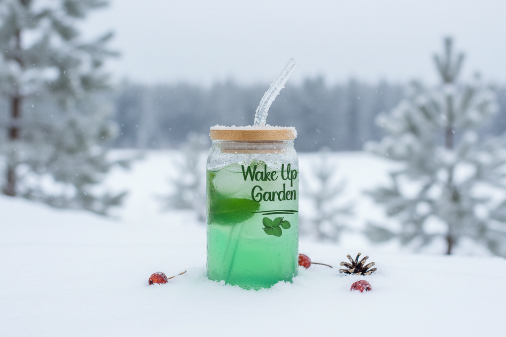 Green drink in a mason jar with a straw against a snowy background