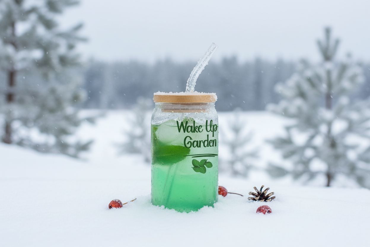 Green drink in a mason jar with a straw against a snowy background