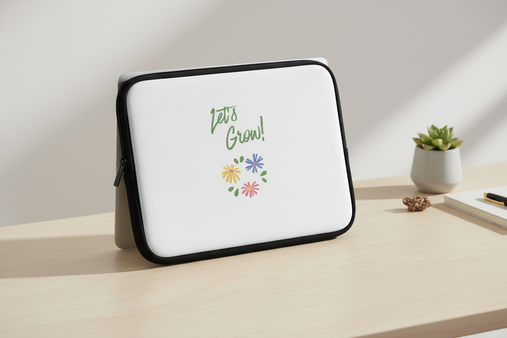 Laptop sleeve with 'Let's Grow!' text and floral design on a desk.