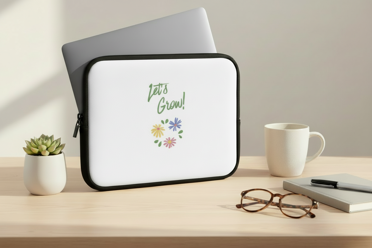 Laptop with a white sleeve featuring 'Let's Grow!' text and floral design on a desk with a cup, glasses, and notebook.