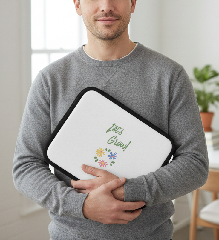 Man holding a white folder with 'Let's Grow!' text and floral design.