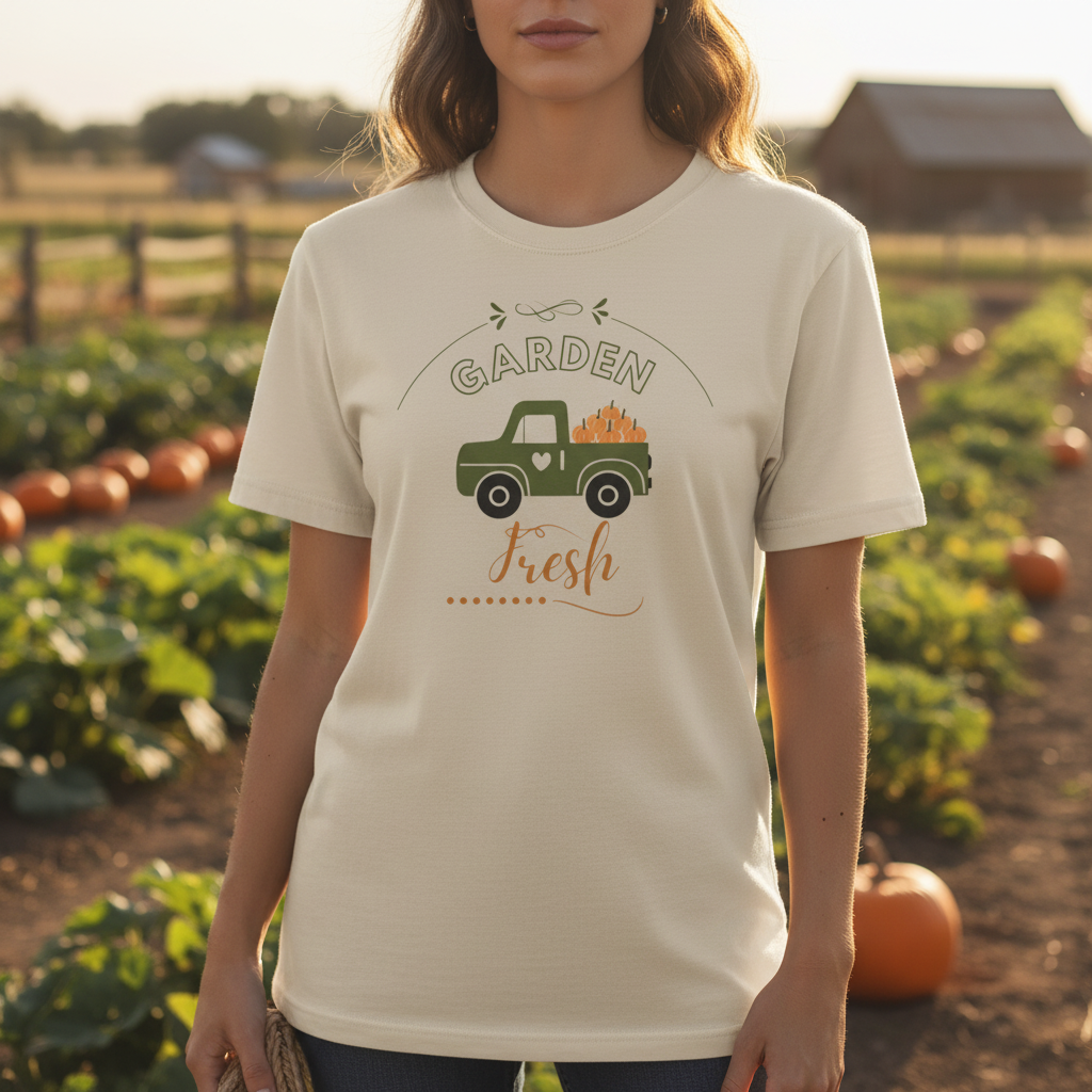 Person wearing a t-shirt with a garden graphic in an outdoor setting