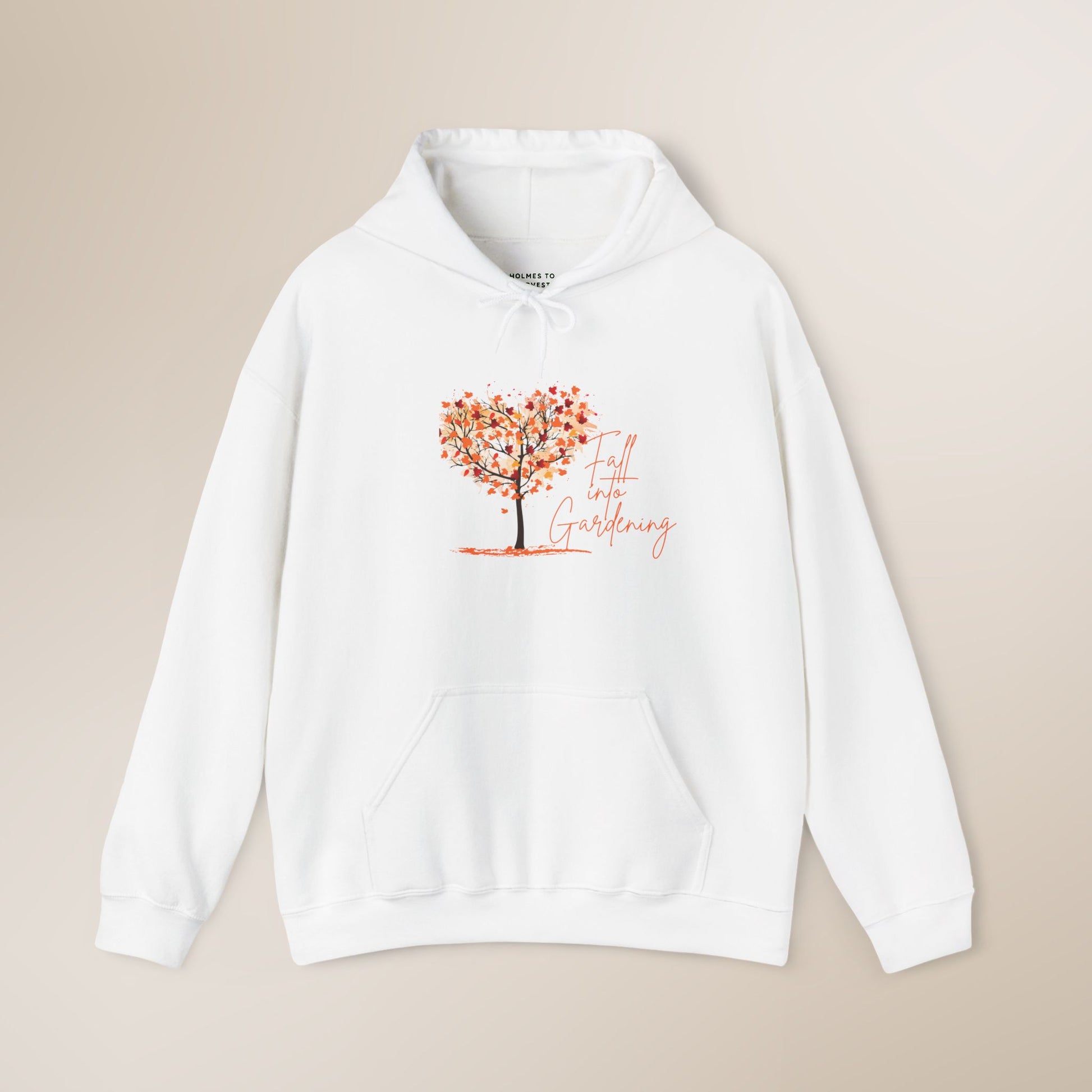 White hoodie with a tree graphic and text on a beige background