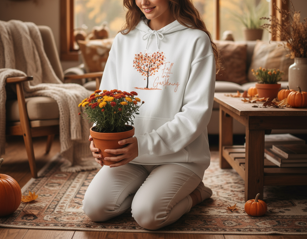 Woman in a cozy living room holding a potted plant, wearing a white hoodie with a tree design.
