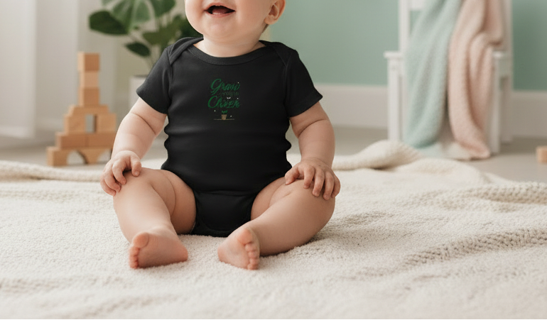 Baby wearing a black onesie with text, sitting on a white blanket in a room.