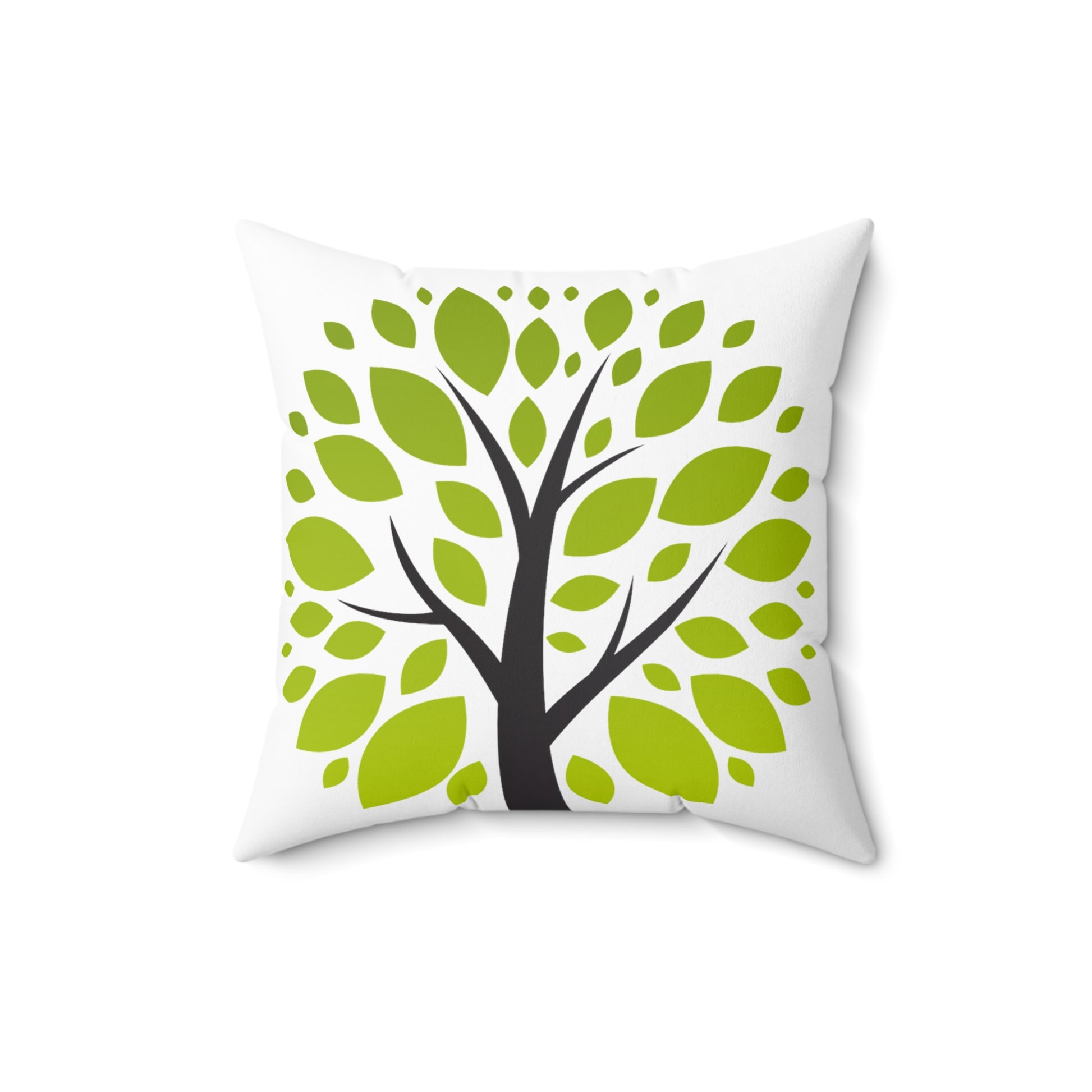 Decorative pillow with a tree design featuring green leaves and a black trunk on a white background.