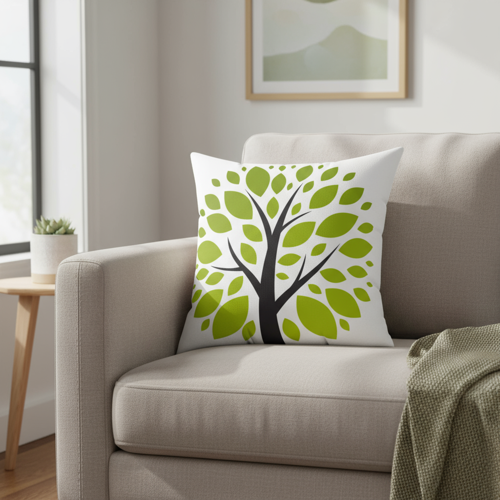 Decorative pillow with a tree design on a beige sofa in a living room.