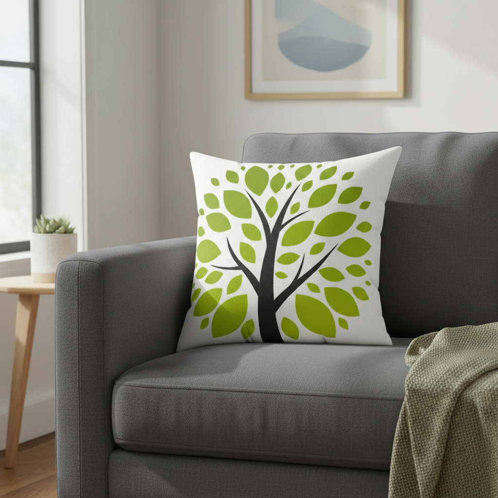 Decorative pillow with a green leaf pattern on a gray sofa in a living room.