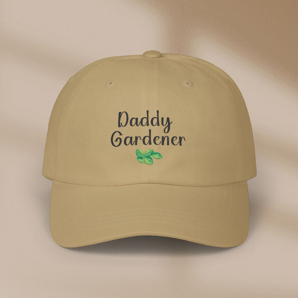Beige cap with 'Daddy Gardener' text and green leaf design on a beige background