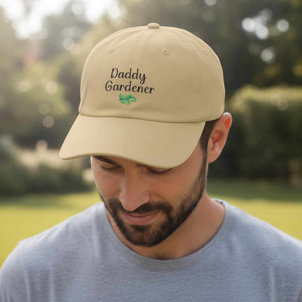Man wearing a beige cap with 'Daddy Gardener' text in an outdoor setting