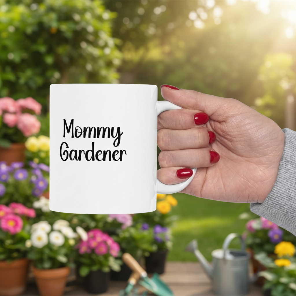 Hand holding a mug with 'Mommy Gardener' text in a garden setting