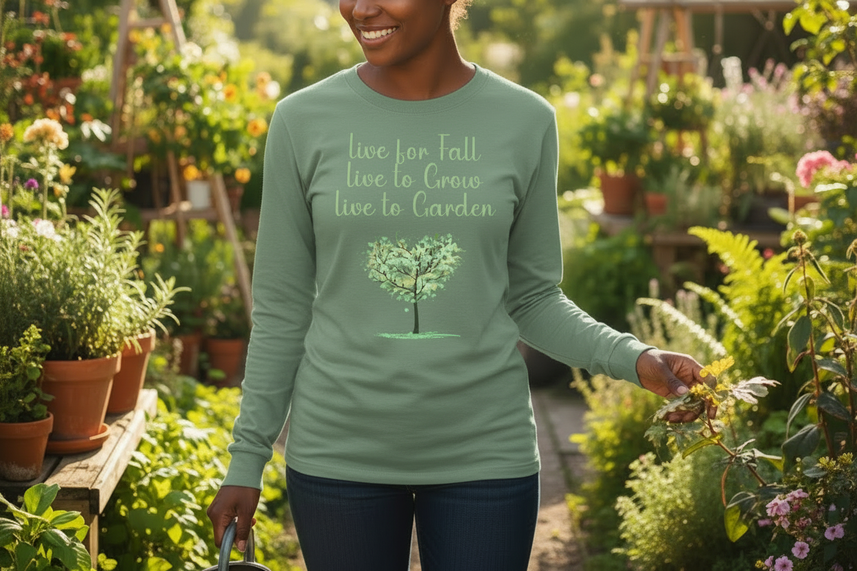 Person wearing a green sweatshirt with a tree design and text in a garden setting
