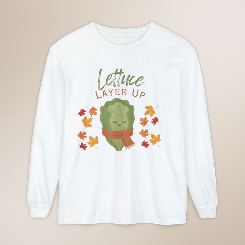 White long-sleeve shirt with a cartoon lettuce character and 'Lettuce Layer Up' text on a beige background