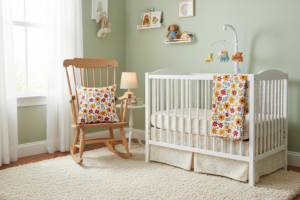 Nursery room with a white crib, rocking chair, and decorative elements.