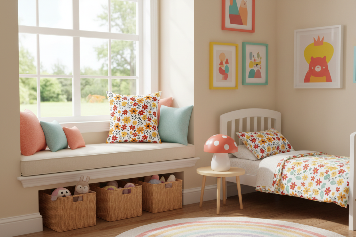 Children's bedroom with a window seat, colorful pillows, and wall art.