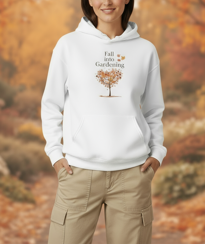 Person wearing a white hoodie with 'Fall into Gardening' text and tree design, standing in an autumnal setting.