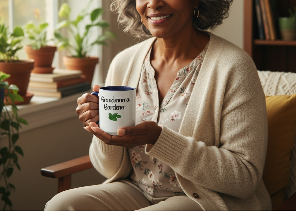 Woman holding a mug with 'Grandma Gardener' text in a cozy indoor setting.