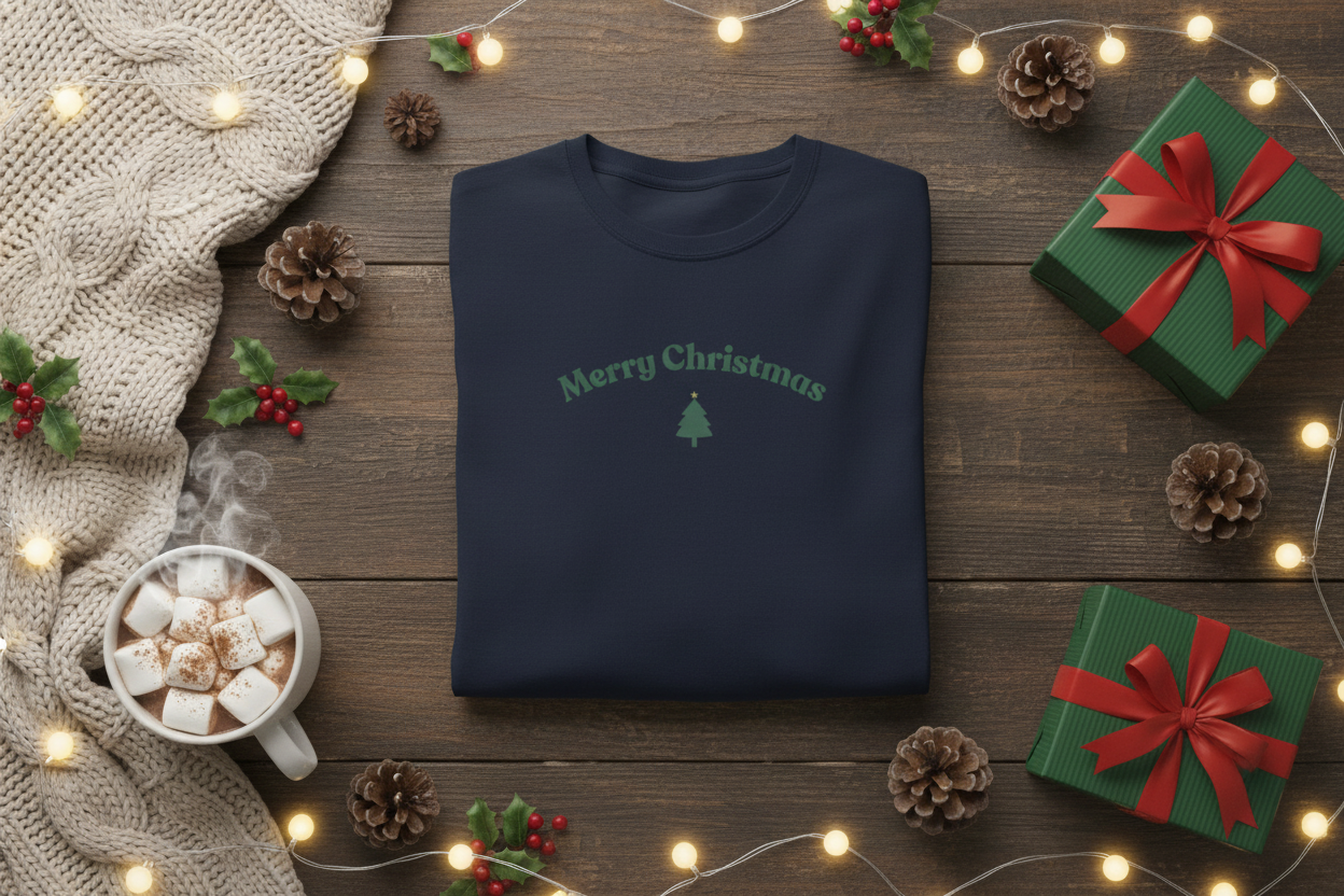Navy blue sweatshirt with 'Merry Christmas' text on a wooden surface with holiday decorations.
