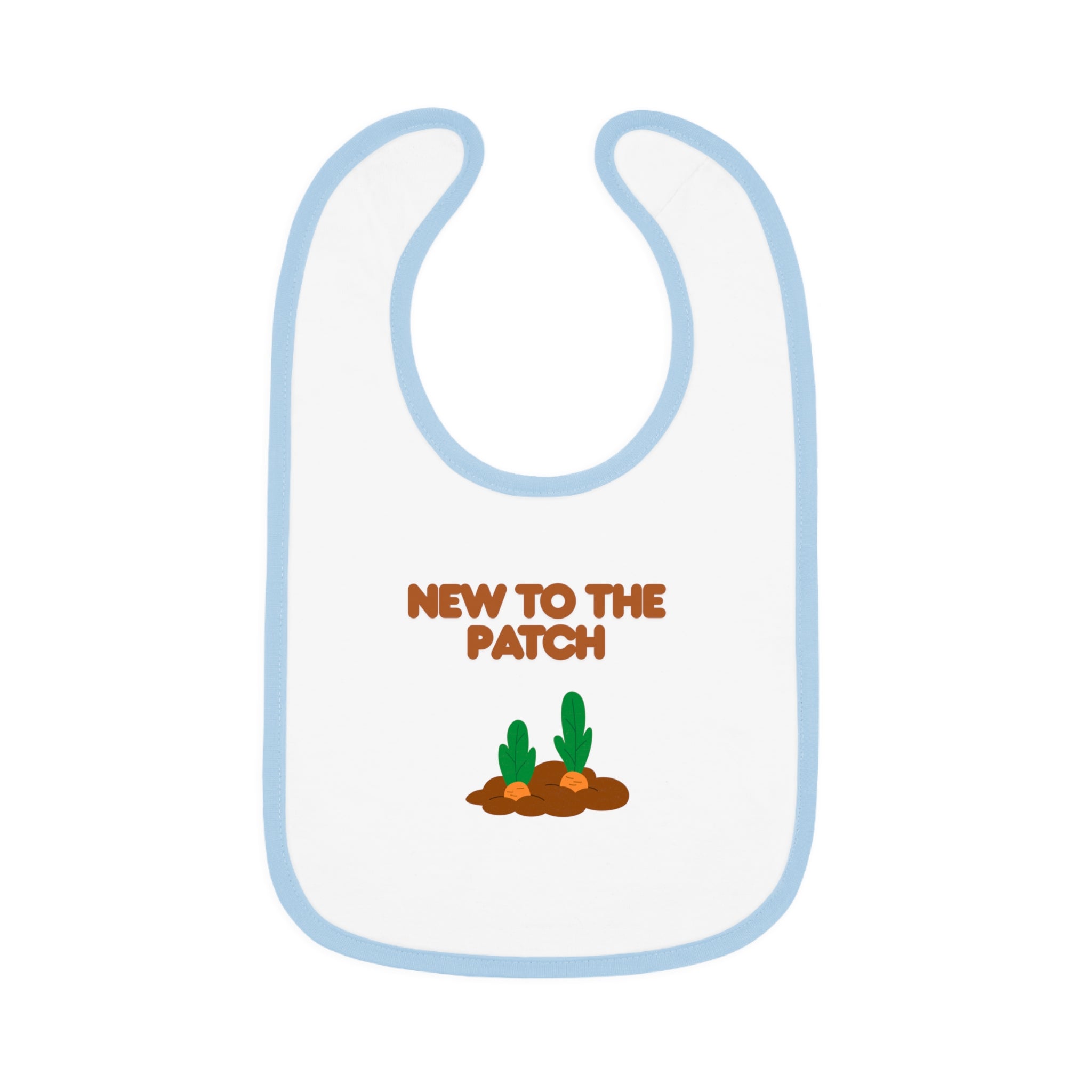 Baby bib with 'New to the Patch' text and cactus design on a white background