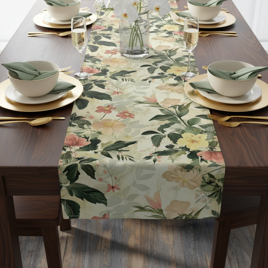 Dining table set with floral table runner, white bowls, and gold cutlery.