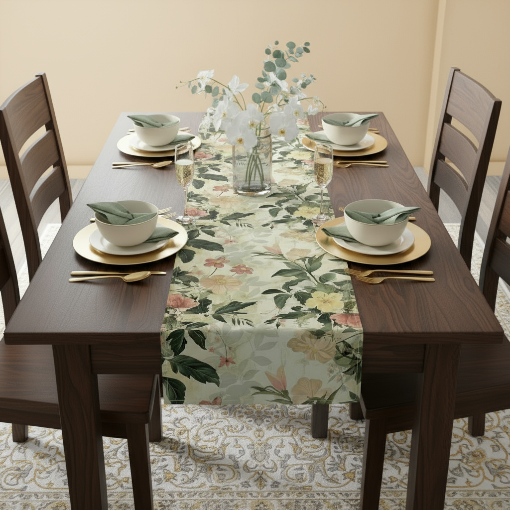 Dining table set with floral table runner, plates, and chairs in a room.
