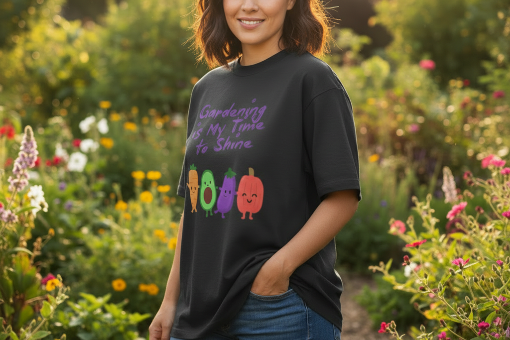 Woman wearing a black sweatshirt with colorful vegetables and text in a garden setting