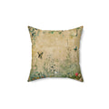 Decorative pillow with nature-themed design featuring butterflies and plants on a beige background.