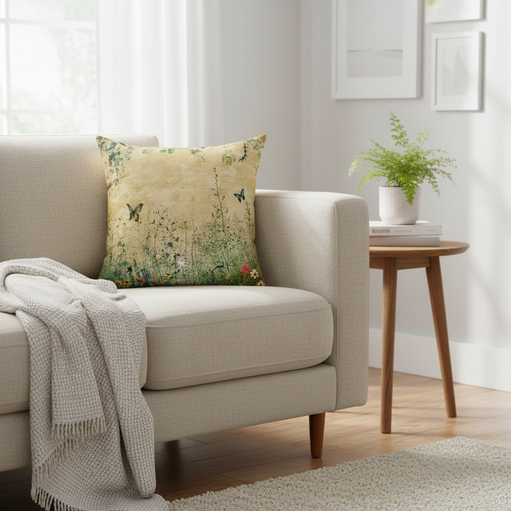 Decorative pillow with nature-themed design featuring butterflies and plants on a beige background.