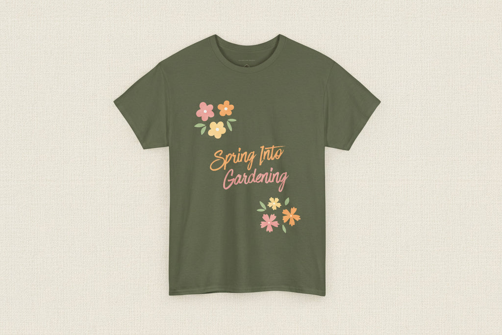 Green t-shirt with 'Spring Into Gardening' text and floral designs on a white background