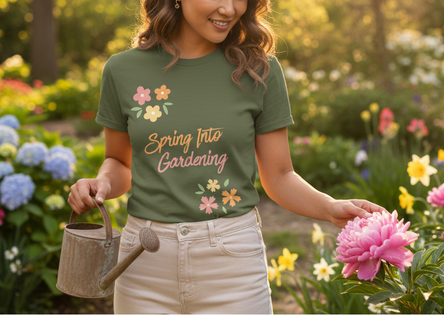 Green t-shirt with 'Spring Into Gardening' text and floral designs on a white background