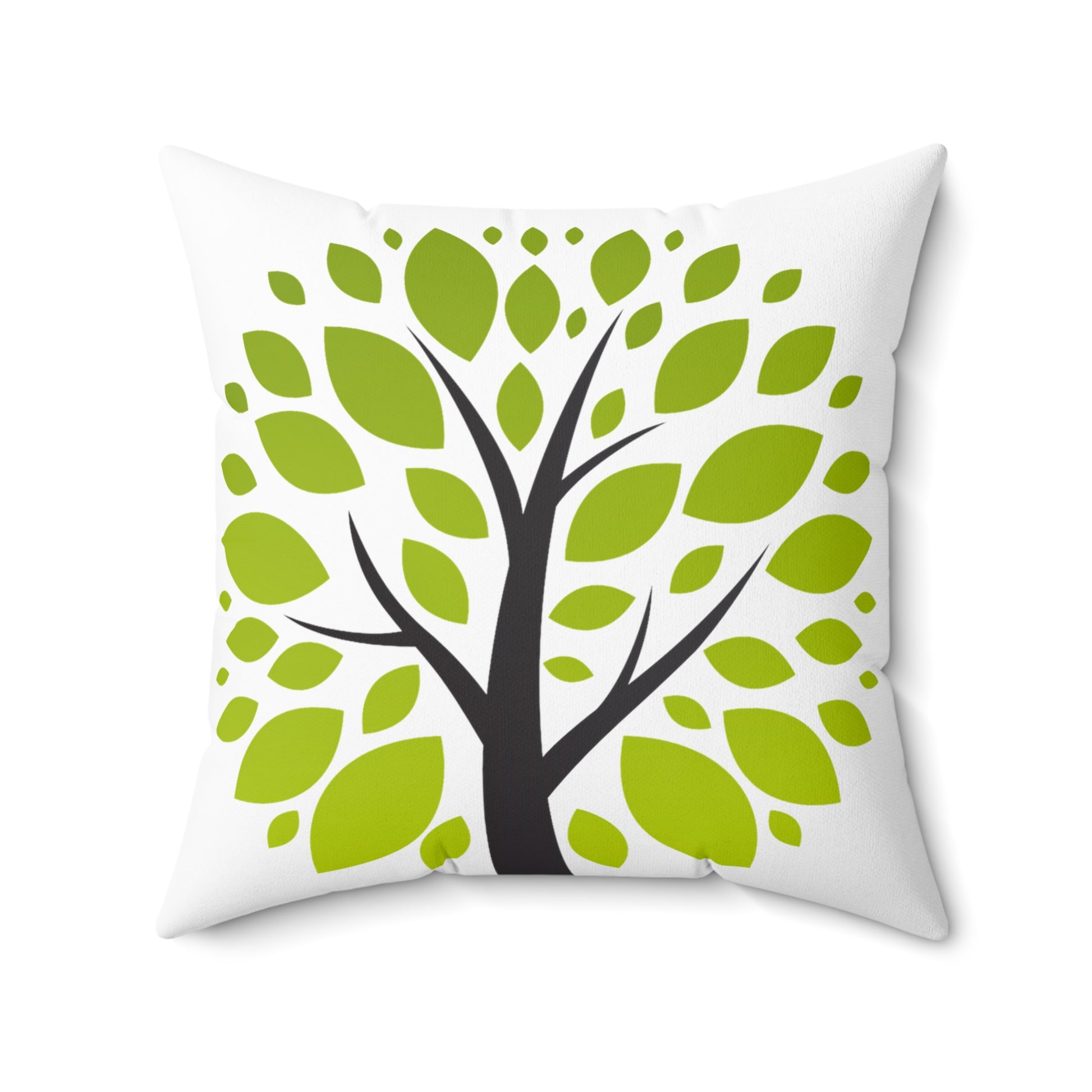 Decorative pillow with a tree design featuring green leaves and a black trunk on a white background.